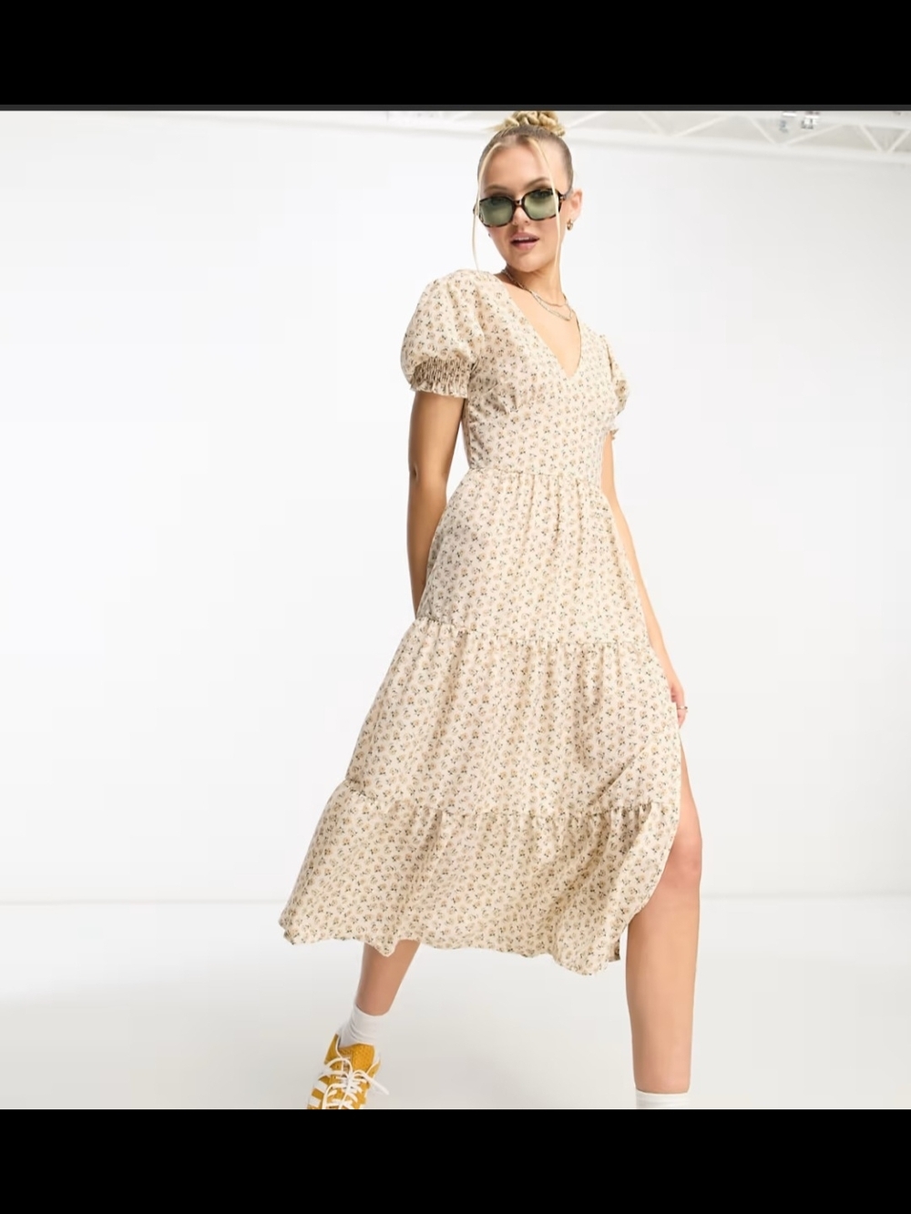 Daisy Street Tiered Cream Floral Midi Dress with Puff Sleeves